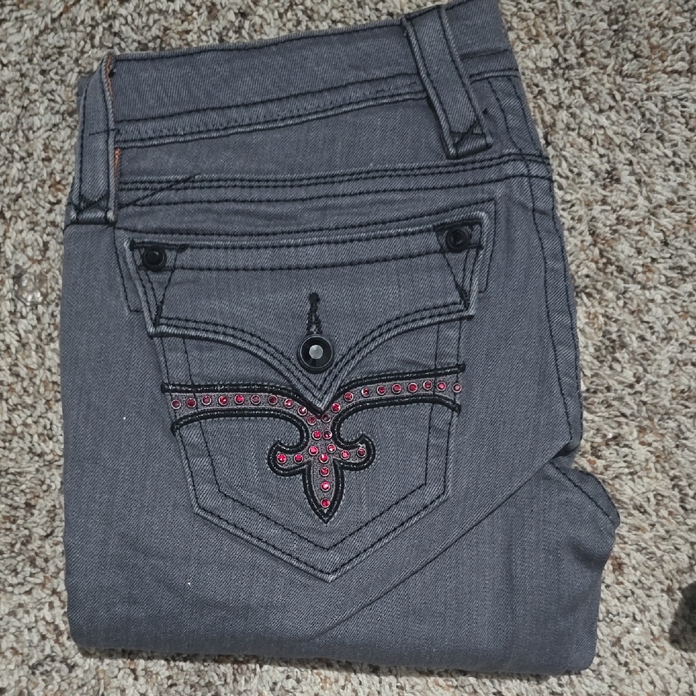 Rock Revival Dark Gray Skinny Jeans with Red Accents